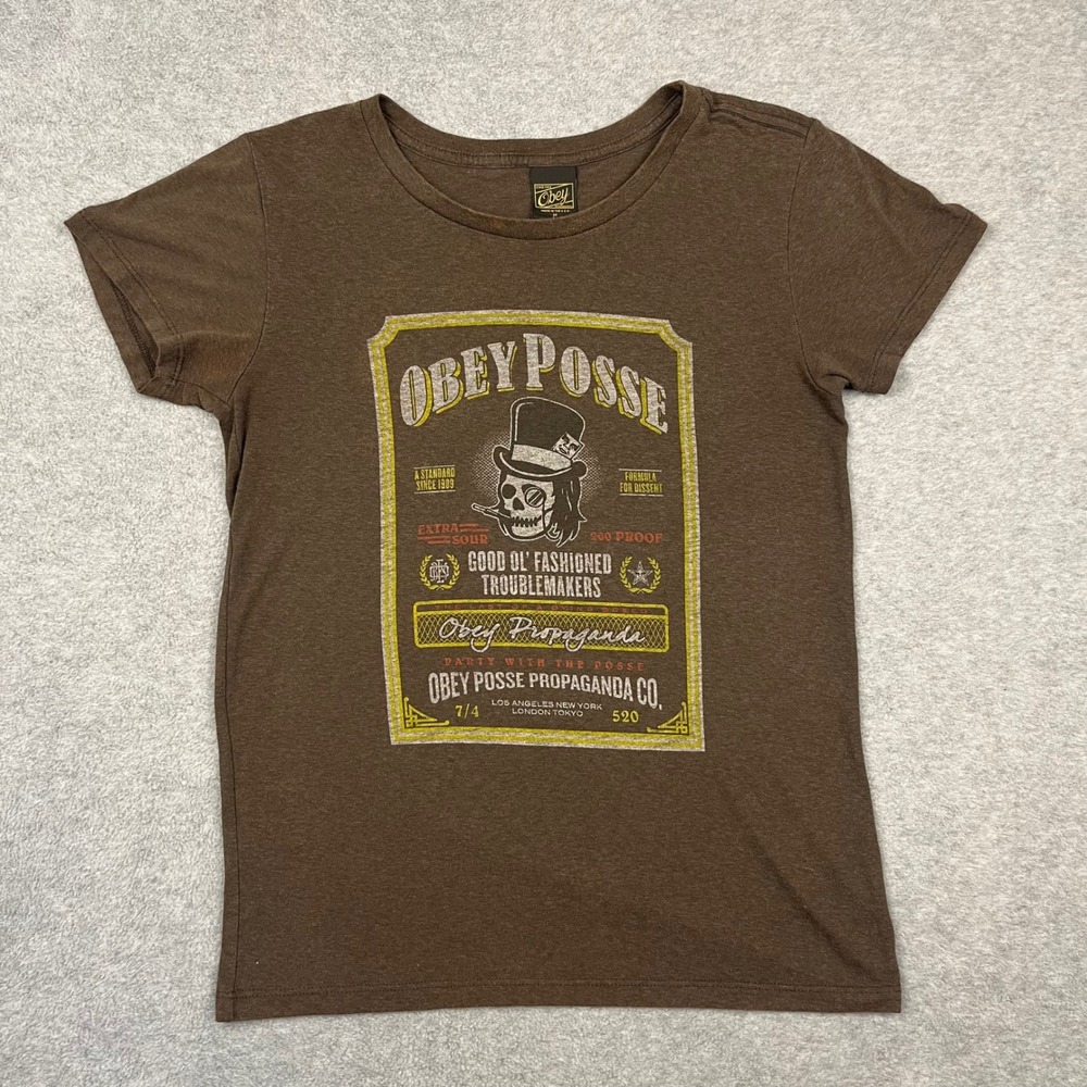 VTG Obey T-Shirt Womens Medium Brown Obey Posse Propaganda Graphic Tee Skater